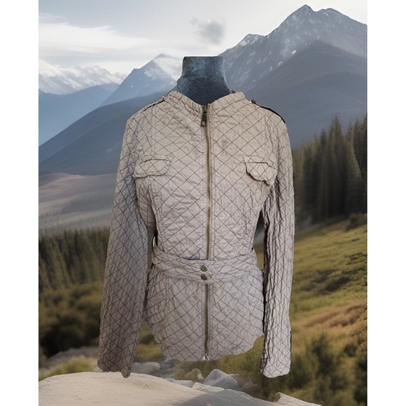 XCVI Jacket XL Taupe Diamond Quilted Belted Moto Utility Military Safari Classic - Picture 9 of 16